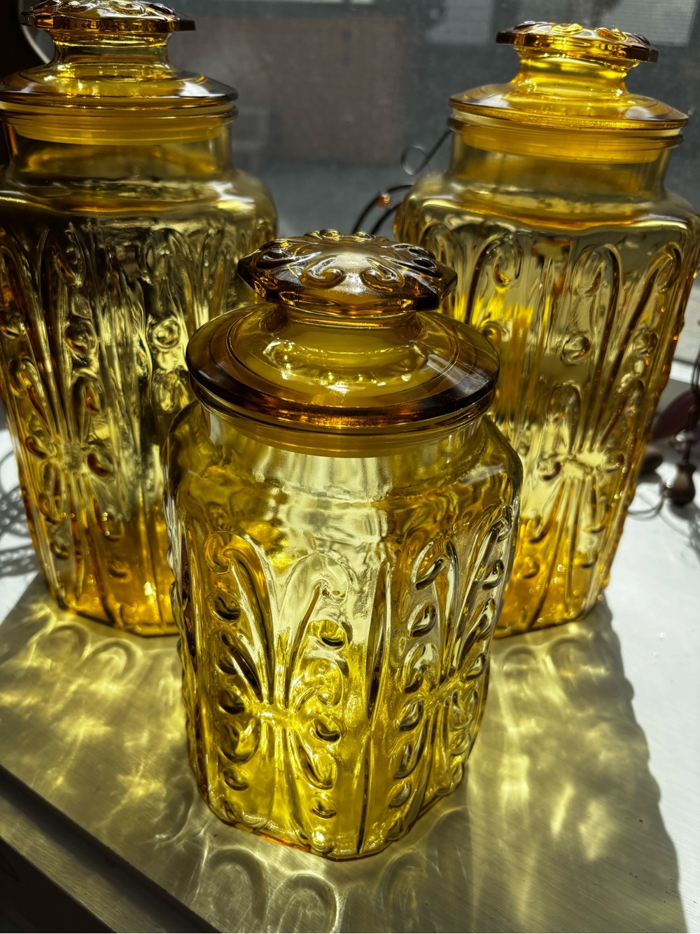 L.E. Smith amber glass Atterbury Scroll Canisters x 3